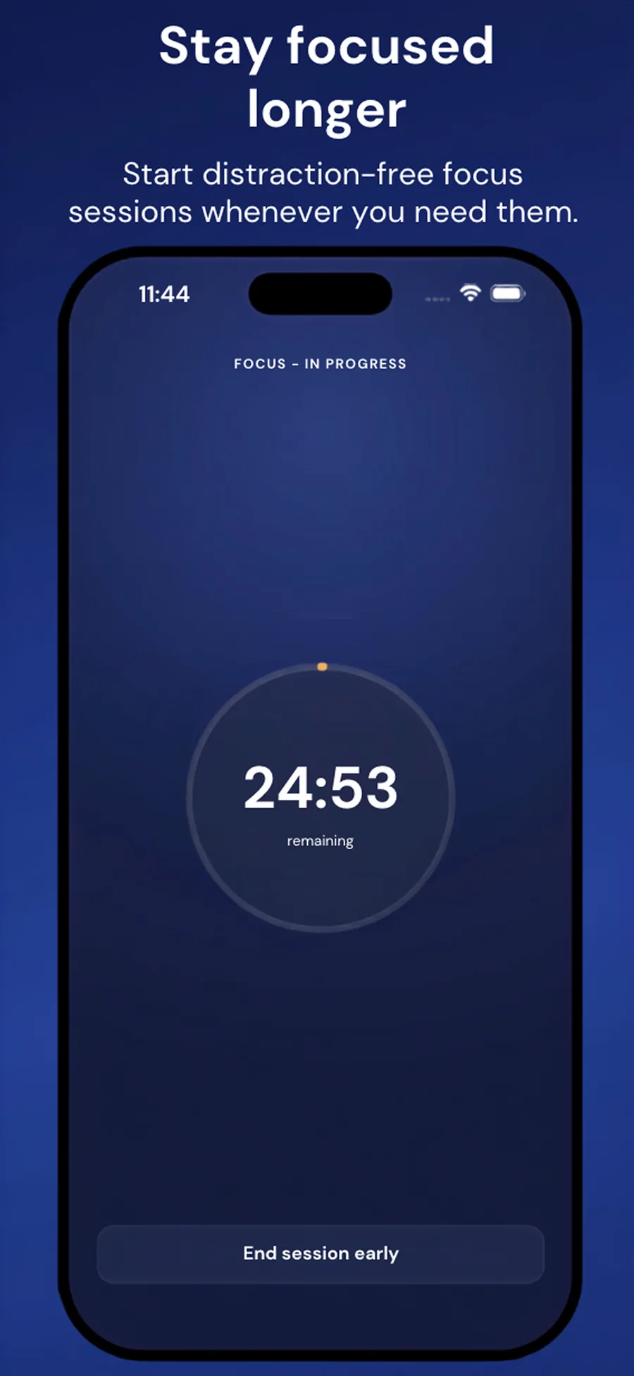 Pausa focus session in progress with a large 24:53 remaining timer and an end-session-early option.