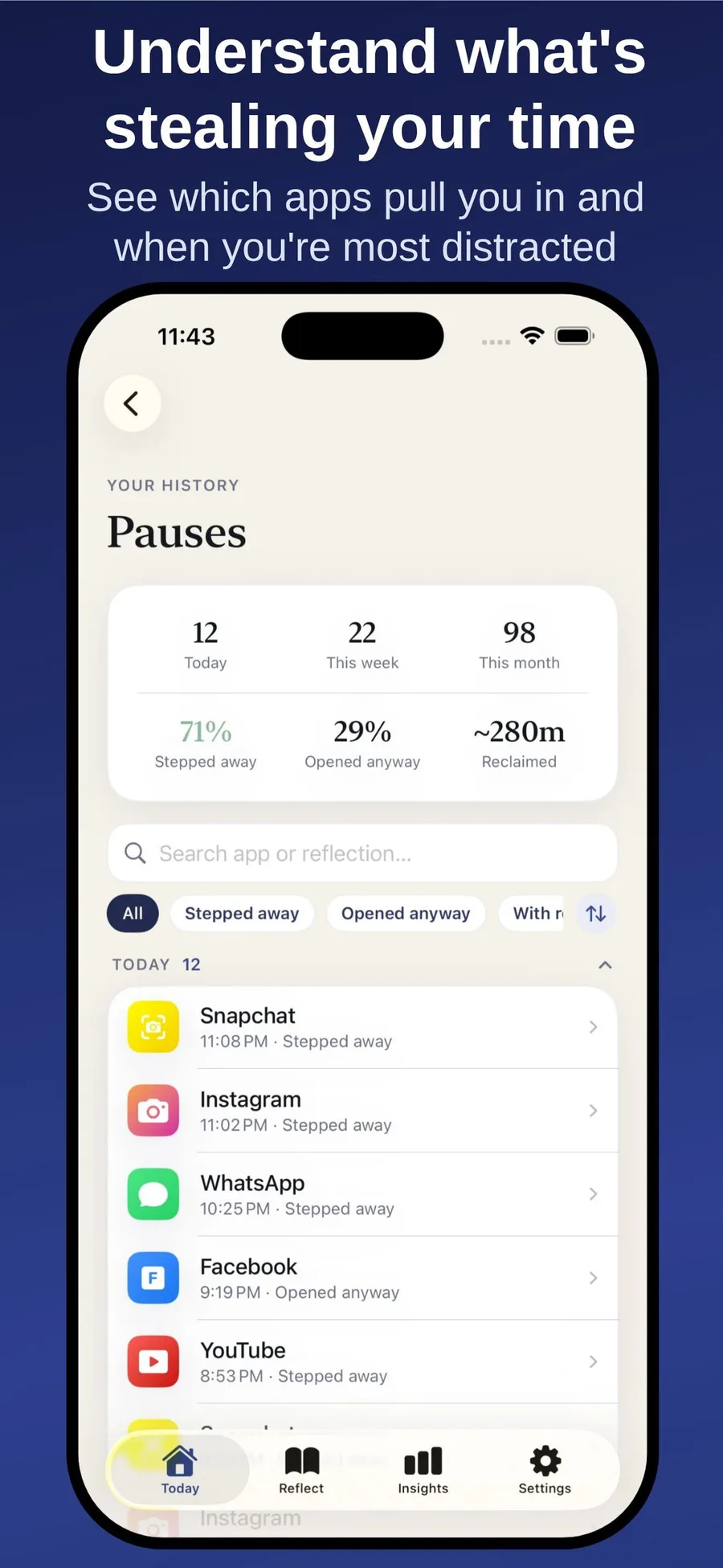 Pausa Pauses history listing apps like Snapchat, Instagram and WhatsApp with stepped away or opened anyway outcomes.